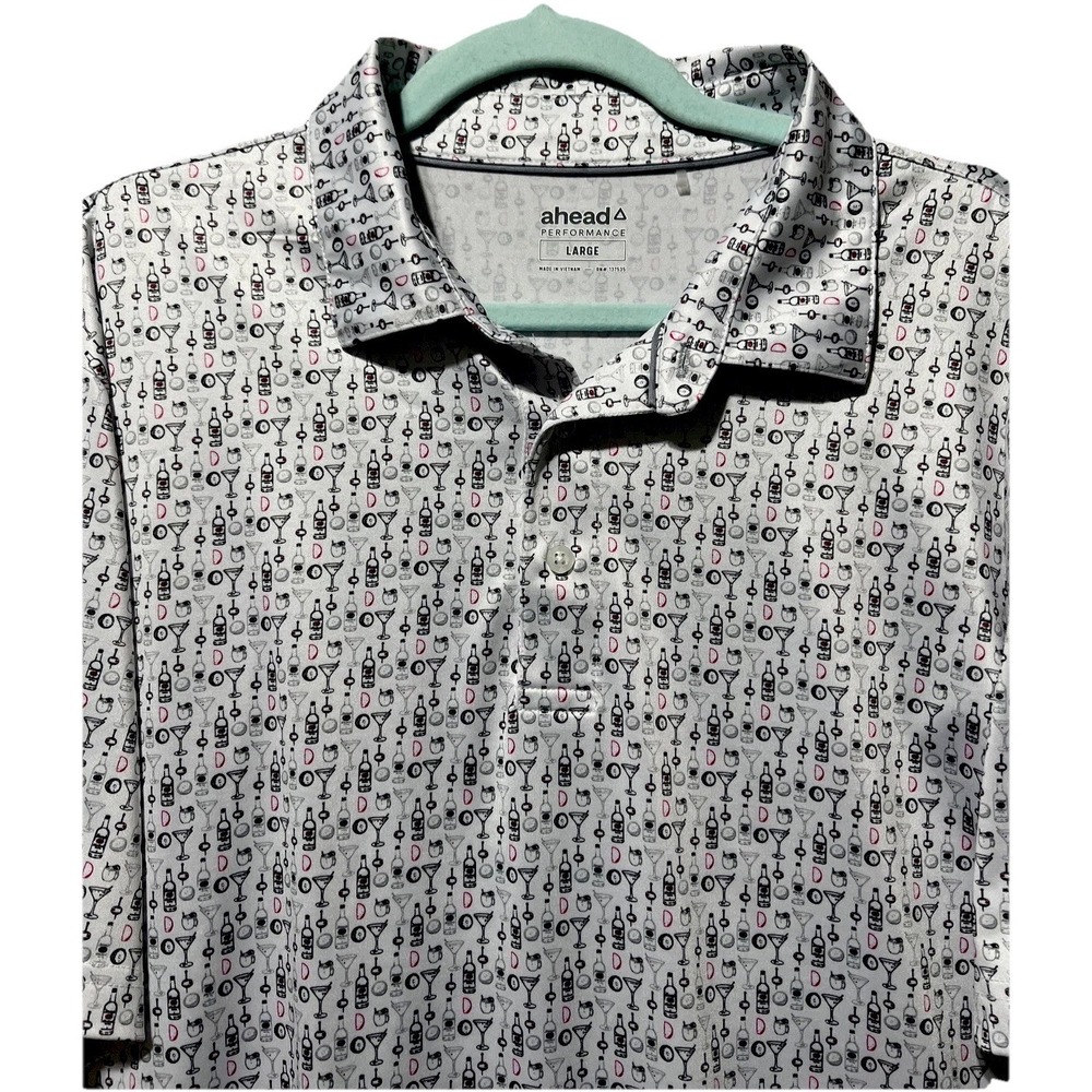 AHEAD‎ Performance Shirt Mens Large Golf Cocktails Drinks AOP Hidden Creek Logo